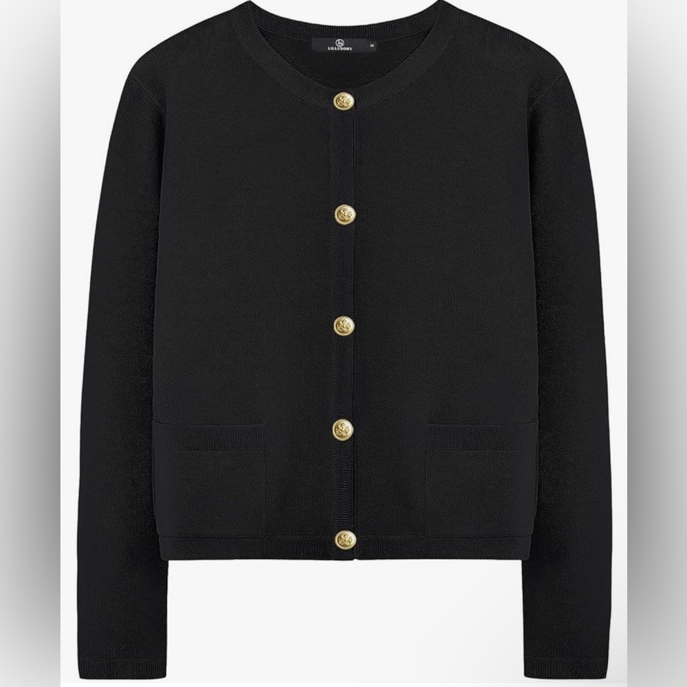 Casual Dressy Black Cardigan Sweater with Gold Buttons and Patch Pockets Large